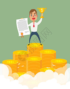 商务人士站在一大堆硬币上投资优胜者金子庆典锦标赛成功员工商务领导者财富图片