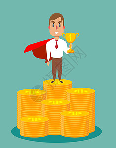 穿着超级英雄斗篷的商务人士站在硬币堆上成功投资讲台成就者市场职业生长冠军优胜者商业图片