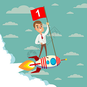 快乐的商务人士拿着一号旗站在飞越天空的火箭船上男人数字商业领导者概念速度发射生意人卡通片竞赛图片