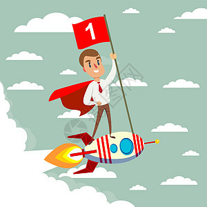 快乐的商务人士拿着一号旗站在飞越天空的火箭船上发射数字领导者成就商业男人超级英雄胜利商务竞赛图片