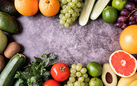 带复制空间的新鲜蔬菜和水果顶视图图片