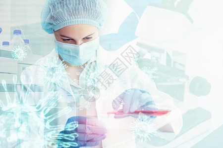 在实验室工作的医学技术人员或化学科学家 女研究员医学生物化学血液实验测试和分析实验室病毒病 双重曝光概念图片