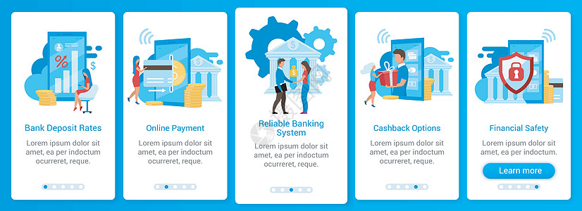 银行入职移动应用程序屏幕矢量模板 存款利率在线支付财务安全 带有扁平字符的演练网站步骤  UXUIGUI 智能手机卡通界面概念图片