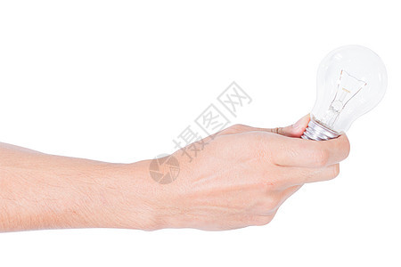 白色背景的灯泡之手灰色手指思考智力解决方案玻璃活力创造力力量技术图片