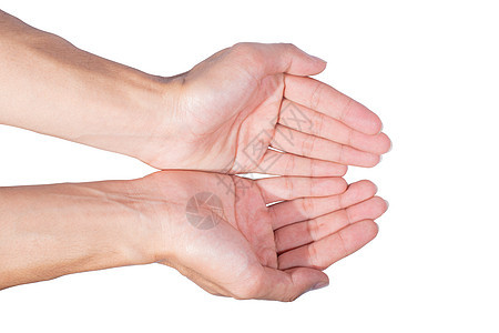 白色背景下的手动手势女士手臂拳头手指女性信号展示棕榈技术商业图片