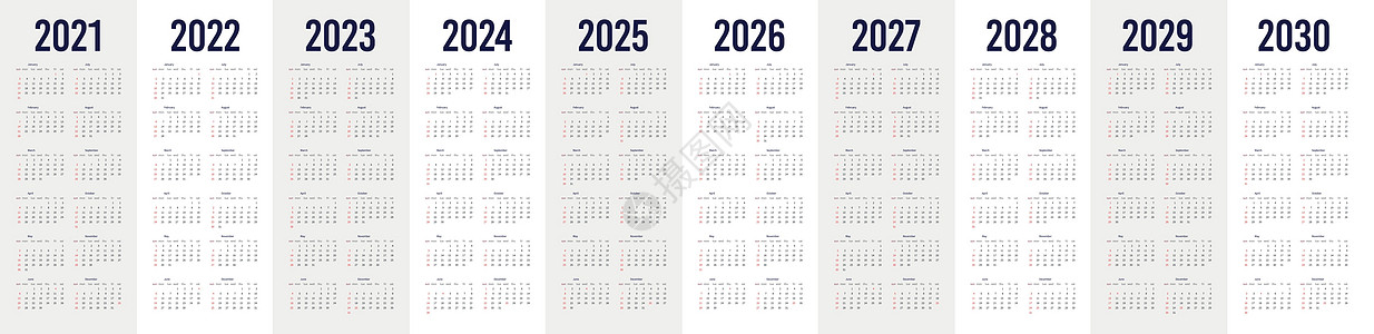 设定为 2021 - 2030 年的简单日历 简单的可编辑垂直矢量卡图片