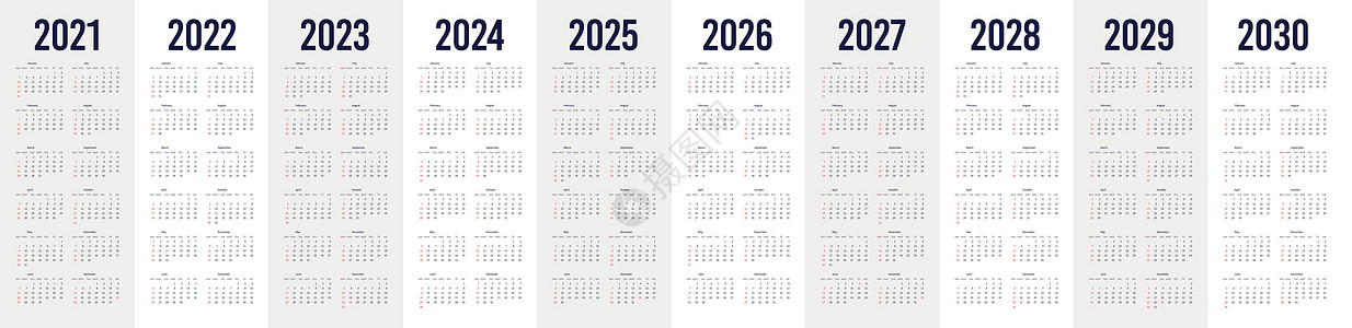 设定为 2021 - 2030 年的简单日历 简单的可编辑垂直矢量卡背景图片