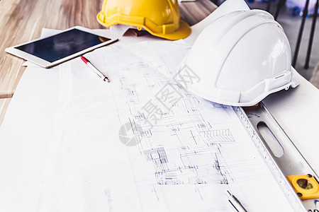 建筑师的工作场所-建筑项目 在桌上的工程工具图片