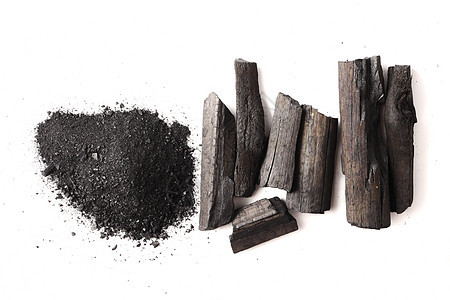 白色背景的木炭和粉末活性碳燃烧资源烧烤烧伤烹饪煤炭燃料材料活力热解图片