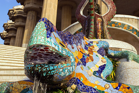 巴塞罗那Parc Güell Gaudí Mosaic 龙梯田支柱图片