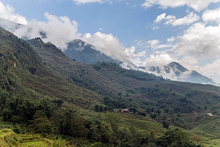 日落雾雾雾的山丘山脉地形木头高地阴霾岩石日出风景远足地平线高山图片