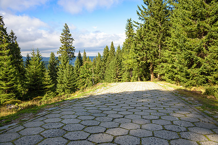 红路通往的山丘岩石庇护所森林山脉远足公园首脑小路天空旅游图片