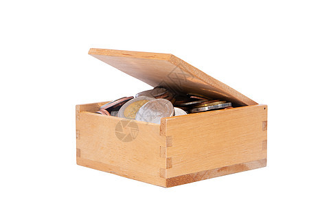 白色背景的木盒子中的硬币财富古董金融金属木头宝藏金子树干胸部背景图片