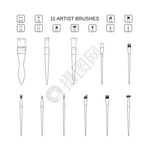 艺术和画笔套装 简单的线条图标固定艺术家水彩和丙烯酸配件 矢量图 欧洲榛子刷子线性角度点缀纹理刷毛拖把簇状尖头索具扇形涂层图片