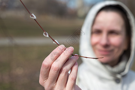 妇女看柳树猫金植物季节手指女士女性公园柳絮枝条图片