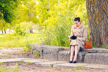 妇女在公园阅读一本书石头植物长老树干绿色女士黄色人士商务发髻图片