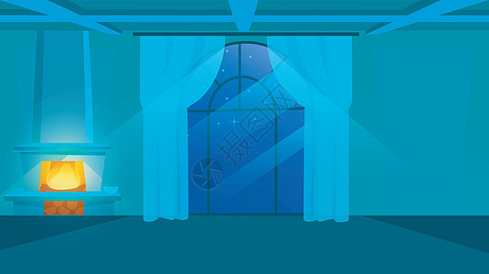夜间室内视图平面矢量图 空荡荡的房间 古典风格的窗玻璃和窗帘 在壁炉加热公寓里燃烧的木柴 月光下的典雅住宅设计图片