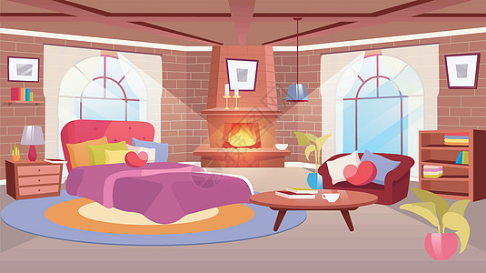 女人卧室室内平面矢量图 卡通沙发床 配有可爱的心形枕头 阳光明媚的公寓配有现代家具 木制咖啡桌书柜 带火焰的砖墙壁炉图片