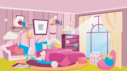 白天的女孩卧室平面矢量插图 宽敞的房间 墙上挂着床书架图片 带有粉红色沙发扶手椅毯子的少女屋内部 装饰云形灯图片