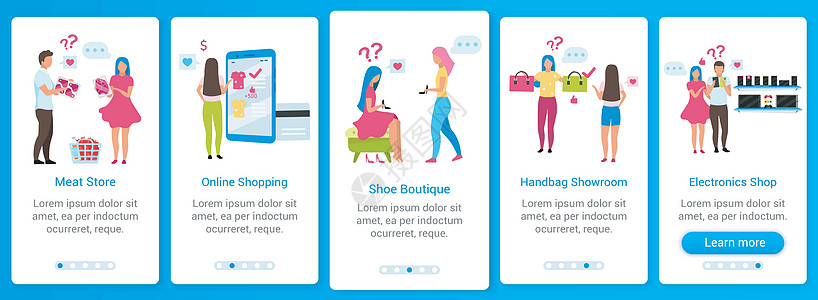 客户选择入职移动应用程序屏幕矢量模板 在线购物电子产品商店 带有扁平字符的演练网站步骤  UXUIGUI 智能手机卡通界面概念图片