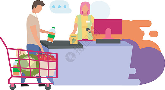 在超市购物平面矢量图 杂货店收银员和顾客卡通人物在白色背景下被隔离 购买食品 做采购购物概念图片