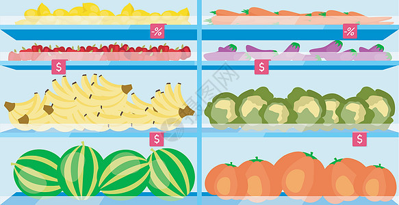 超市货架上有水果平面矢量图 农贸市场内部有水果和蔬菜 健康节食时令食品 杂货店的素食背景图片