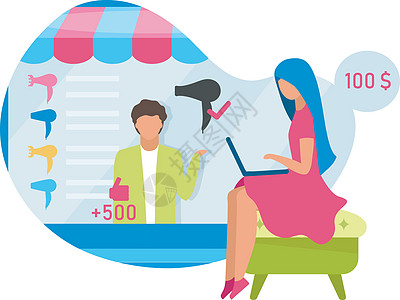 在线市场助理平面概念图标 选择在网站上有好评的产品 电子商店 女人网上购物 白色背景上的独立卡通插图图片