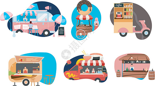 街头美食节平面矢量插图集 出售即食外卖餐点的各种售货亭 餐厅咖啡厅车 卖家和车辆孤立的卡通人物图片