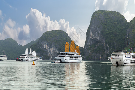 越南河隆湾驳船假期海景文化船屋石头血管垃圾岩溶海洋图片