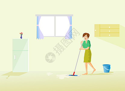 管家正在以冰箱和窗户为背景的房子里打扫地板图片
