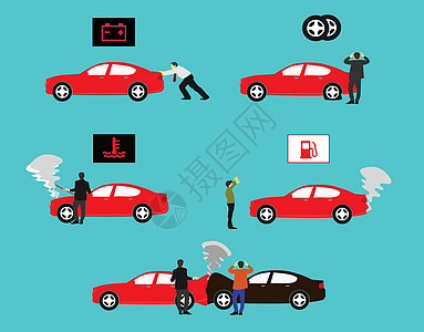 信号故障红色汽车的展示活动展示了蓝色背景上各种类型汽车的故障设计图片