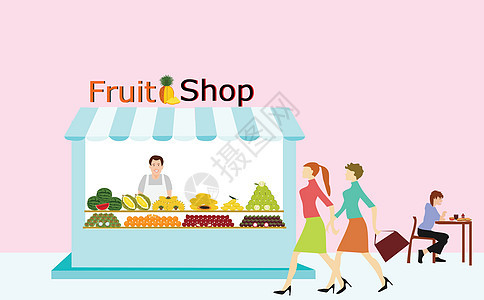 卖水果的商家站在水果店里 有人走过 背景是粉红色图片