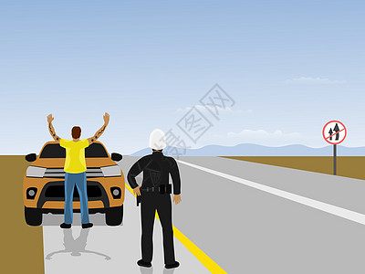 公路巡逻队正在指示男子向后站并在汽车前牵手 以群山和蓝天为背景图片