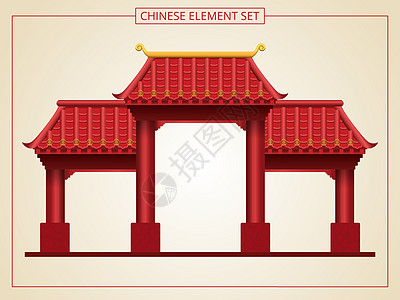 剪纸风格红色屋顶的中式门和入口旅行旅游寺庙宝塔建筑插图房子文化建筑学背景图片