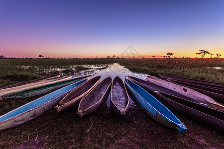 日落时在岸边的博茨瓦尼亚当地莫科罗渔船木头大草原热带血管天空冒险支撑公园沼泽运输图片