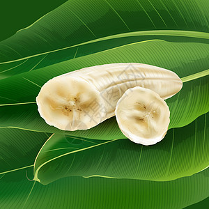 在绿色棕榈叶背景的香蕉切片图片