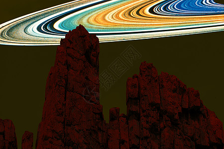 土星在两个红山夜空之间回响岩石戏剧性天空爬坡血月植物石头云景月球亮度图片