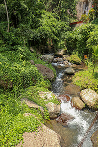 Pakerisan 山谷的河床 有狂野的水和大石头 在坦巴西林的一个殡仪馆 水流从河床上的岩石上滚过 巴厘岛 印度尼西亚 热带植图片