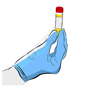 简单概念手绘画 Sletch矢量器 持有塑料测试管的医生手 孤立在白色上护士手套医院护理人员女士分析师测试肺炎男人危害图片