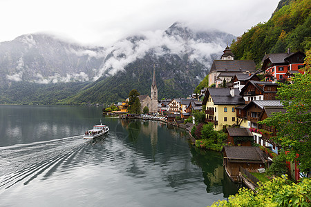 著名的Hallstat湖边小镇i的景象画印章图片