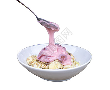 凤梨酸奶从勺子到碗 把草莓酸奶 放在碗里有波菜背景