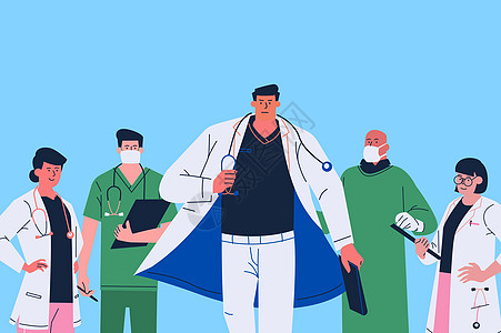 医护人员团结一致站在天蓝色背景前抗击新型冠状病毒 (Covid-19) 疾病大流行的插图 空的副本空间 戴着斗篷拯救世界的概念图片