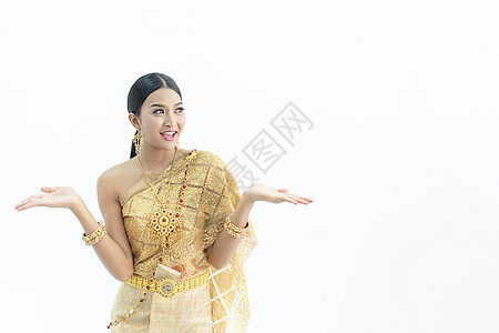 身着传统泰国服装的美丽泰国妇女 有女孩幸福裙子旅行女性艺术微笑女士文化金子图片