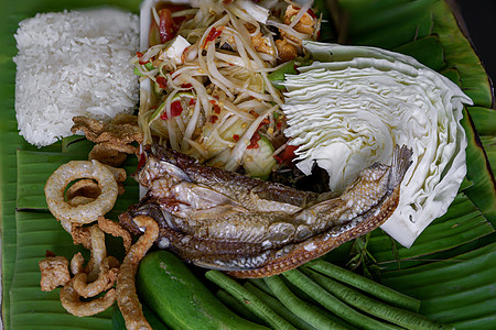 名字 木瓜沙拉 咸鱼 盐蛋餐厅口味香蕉辣椒盘子美味食物午餐美食螃蟹背景图片
