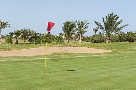 高尔夫球场的绿色景象旗杆黄色旗帜陷阱天空闲暇球道红色热带运动背景图片