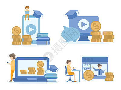 学生学习投资在线课程 它制作概念图反应营销图书馆网站硬币教育插图训练老师社交图片