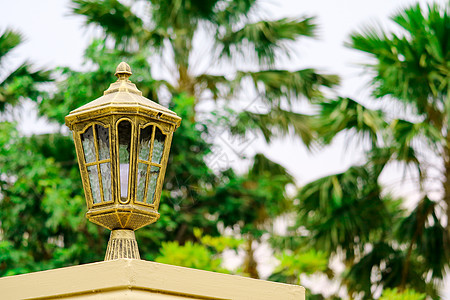 房子上的现代灯围着后院的绿树古董风格建筑学街道灯笼装饰酒店栅栏木头公园图片