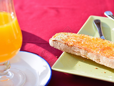 早饭面包盘子饮料黄油食物橙子咖啡早餐果汁桌子图片