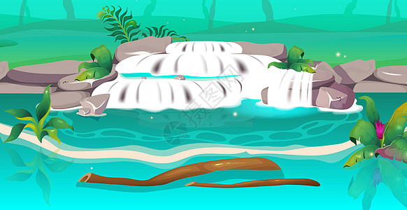 丛林平面彩色矢量插图 清澈的瀑布 有流动的树枝的池塘 兴盛于湖 自然之美 水流 热带 2D 卡通景观与背景上的绿色植物图片