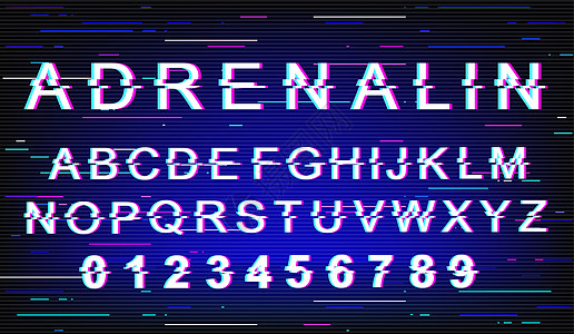肾上腺素故障字体模板 在蓝色背景上设置的复古未来派风格矢量字母表 大写字母数字和符号 具有失真效果的极端生活方式现代字体设计图片
